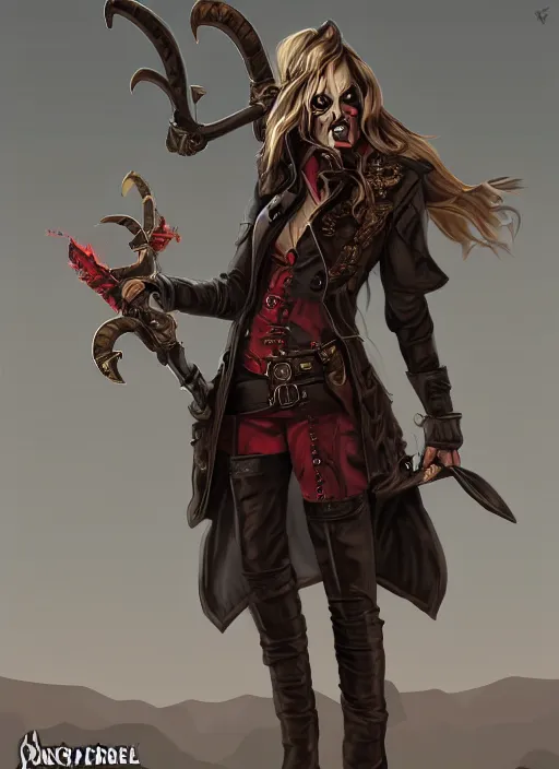 Prompt: female demonic pirate in a trenchcoat, goat horns, two flint - lock pistols, digital art, d & d, artstation, highly detailed