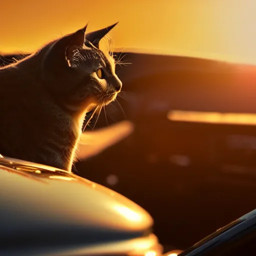 Prompt: cat cruising in a cabriolet, golden hour, front top side view, golden ratio, idyllic setting