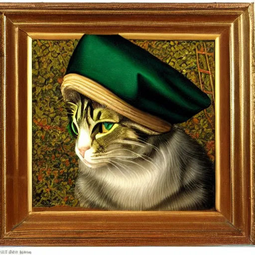Image similar to a reneissance painting of a maincoon cat among big green leaves wearing a bishop hat, very detailed, in the style of mantegna