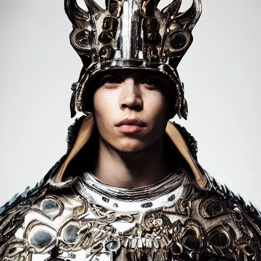 Image similar to a portrait of a beautiful young male wearing an alexander mcqueen armor made of wood , photographed by andrew thomas huang, artistic