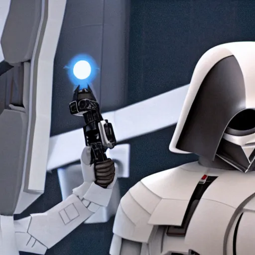 Prompt: a photo of darth vader holding an aperture science portal gun