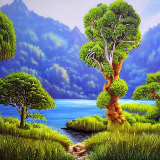 Image similar to painting of a lush natural scene on an alien planet by emma webster. beautiful landscape. weird vegetation. cliffs and water.