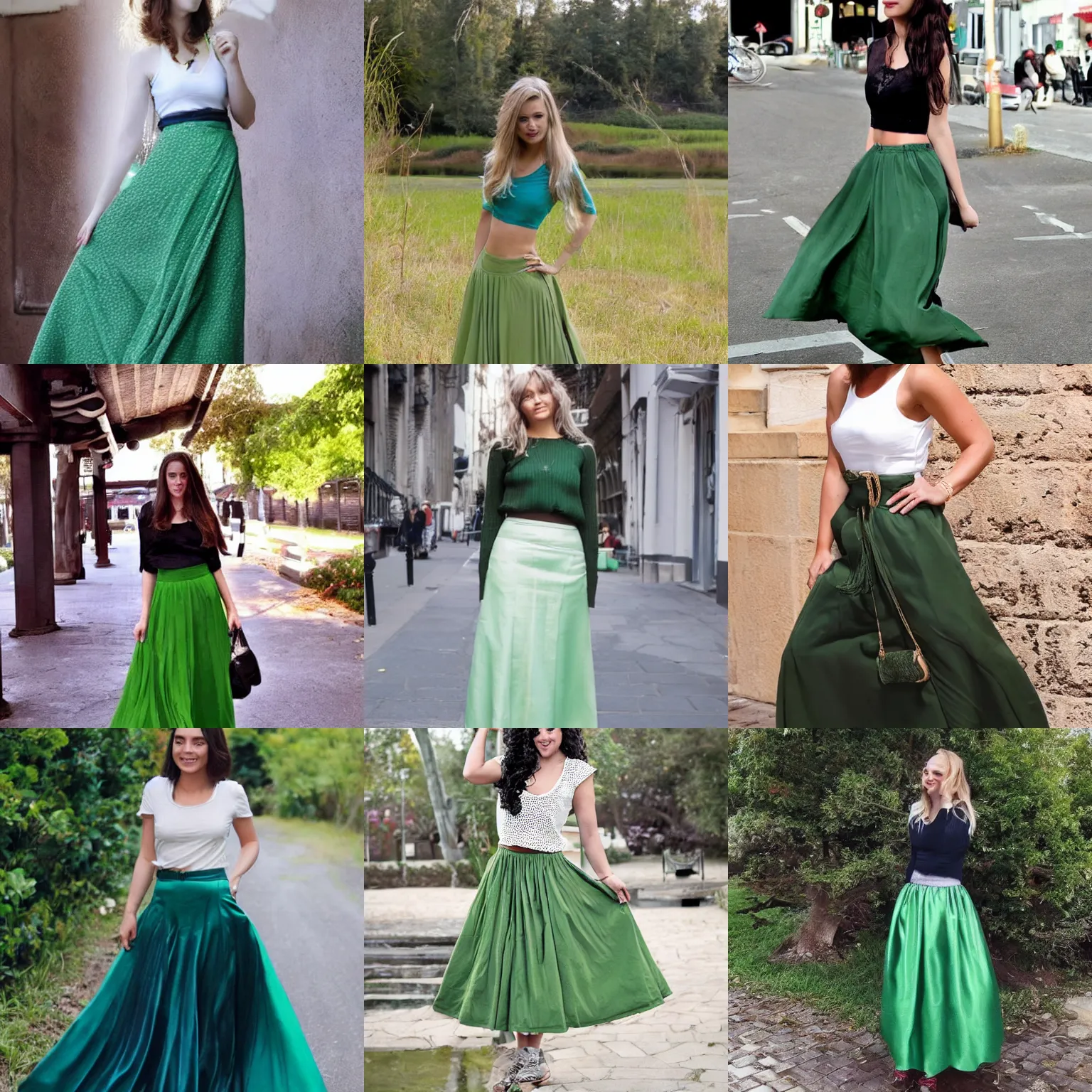 Prompt: beautiful girl wearing a long green skirt