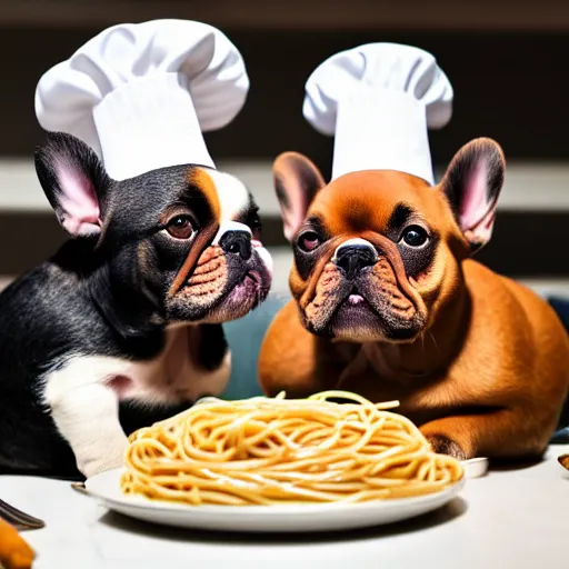 Prompt: a 8k highly detailed still photo by Anne Geddes of Two multi-colored French Bulldogs in chef hats and aprons starring on a cooking show, a plate of spaghetti is prepared, a high end restaurant kitchen in the background, bokeh