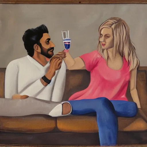 Image similar to painting of indian guy and blonde swedish girl drinking gin and tonics on the couch