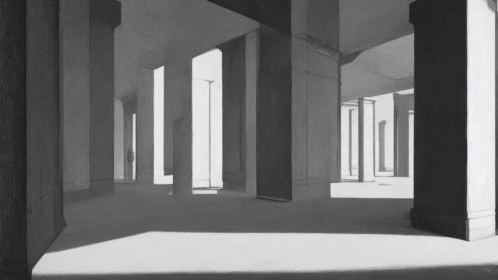 Image similar to minimalist industrial interior hallway with monolithic pillars in the style of ridley scott and stanley kubrick, impossible architecture, ultra view angle view, lone person in the distance, realistic detailed painting by edward hopper