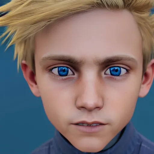 Image similar to a detailed portrait of boy with blonde hair and blue eyes, unreal engine 5 rendered, incredibly highly detailed and realistic, 8 k, sharp focus, studio quality