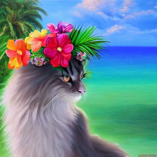 Prompt: oil painting portrait of a long haired fluffy cat wearing flower crown and lei necklace on tropical island background digital art, concept art, highly detailed, 3-D 4k, trending on art station, Mark Brooks,