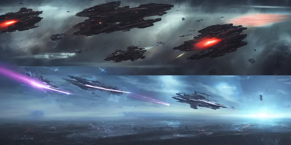 Prompt: A highly detailed Sci-Fi concept art matte painting set in space by Fred Gambino of an epic Space battle , Two massive capital ships firing at it each other ,while small fighter ships fly in formation ready to attack , deep space , dark and stars in the background , lasers and explosions, perspective , action shot , trending on Artstation ,HD 4K , retro scifi