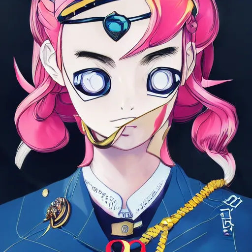 Image similar to Magazine Cover Anime key visual of a Gucci girl; official media; typography; drawn by Hirohiko Araki; Jojo's Bizarre Adventure; Jojolion, portrait, made by Stanley Artgerm Lau, WLOP, Rossdraws, James Jean, Andrei Riabovitchev, Marc Simonetti, Yoshitaka Amano, ArtStation