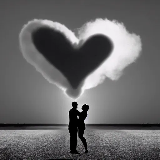 Image similar to a cloud in the shape of a heart from a nuclear explosion, people in foreground are kissing, sports photography, 8k, cinematic lighting, professional photograph