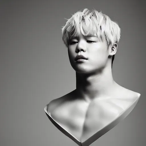 Image similar to wide angle full body portrait of Park Jimin of BTS as Antinous, dramatic photography, dramatic facial expression, tears, hand on his cheek, soft skin, soft blush, intricate, ethereal, highly detailed, high resolution, 8K resolution, sharp focus, Unreal engine 5, smooth, ectomorph, curvy body type, wearing a chiton, feminine facial features, greek pattern background, art by J. C. Leyendecker