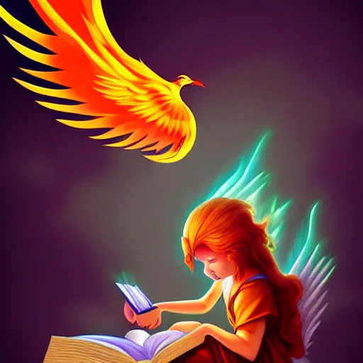 Prompt: A phoenix reading a book | Detailed | HD | Digital Art | 2018 | Modern | DC | Color | Glossy | 3D | Raytraced | Award Winning | Artstation | Trending | Viral | Colorful | Amazing | Cute | Artistic | Soft Lighting | Cell Shader | Lovely | Fanart | Soft | Artwork | Hard Line