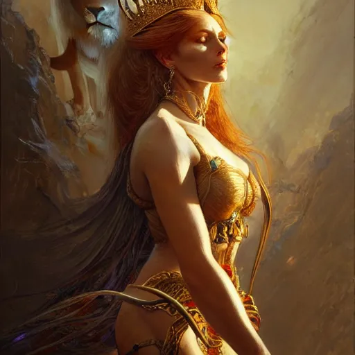 Image similar to highly detailed portrait of a majestic lioness queen in the form of a beautiful woman. d & d, art by gerald brom and ruan jia and carl larsson. trending on artstation, intricate details, energetic composition, golden ratio, concept art, illustration, elegant art