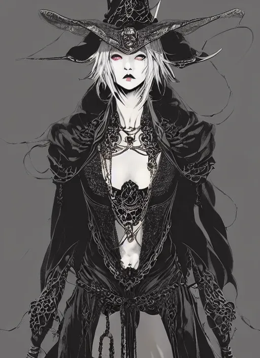 Image similar to beautiful human witch with blonde short curtly hair in intricate ornate witch robe, haughty evil look, witch hat. in style of yoji shinkawa and hyung - tae kim, trending on artstation, dark fantasy, great composition, concept art, highly detailed, dynamic pose.