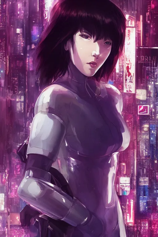 Image similar to a still fullbody portrait of motoko kusanagi ghost in the shell, finely detailed features, closeup at the faces, perfect art, at a cyberpunk city, gapmoe yandere grimdark, trending on pixiv fanbox, by ilya kuvshinov, rossdraws, artgerm