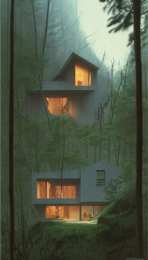 Image similar to cozy ultra modern home in the woods moody lighting, highly detailed, painting by zdzisław beksinski and norman rockwell and greg rutkowskiweta studio, and lucasfilm