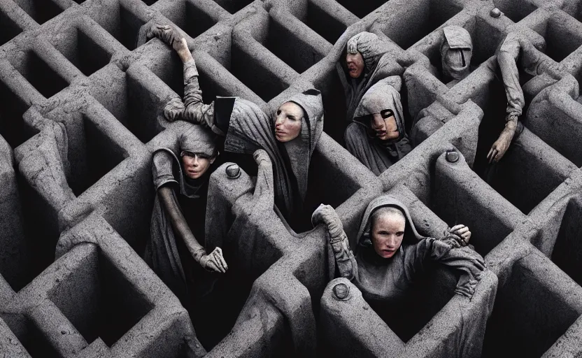 Image similar to cinestill 5 0 d photographic portrait by helen levitt of a group of android women wearing rugged black mesh techwear in a cement maze, extreme closeup, modern cyberpunk, minimalism, dust storm, 8 k, hd, high resolution, 3 5 mm, f / 3 2, ultra realistic faces, intricate detail, ex machina