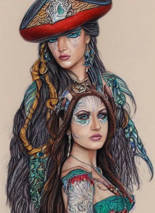 Prompt: full body detailed colored pencil drawing of a beautiful pirate female with a beautiful face wearing intricate clothing