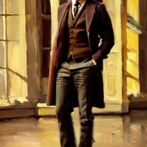 Image similar to we see ewan mcgregor from side. he is dressed as a gentleman at early 2 0 th century paris. atmospheric feeling, warm colours, brown colours, yellow colours, epic scene, cinematic, very detailed, oil painting