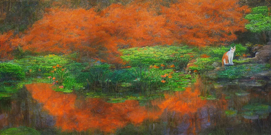 Image similar to a big fat orange cat near a mirror like pond, by alan lee, colorful clothing, springtime flowers and foliage in full bloom, lotus flowers on the water, dark foggy forest background, sunlight filtering through the trees, digital art, art station.