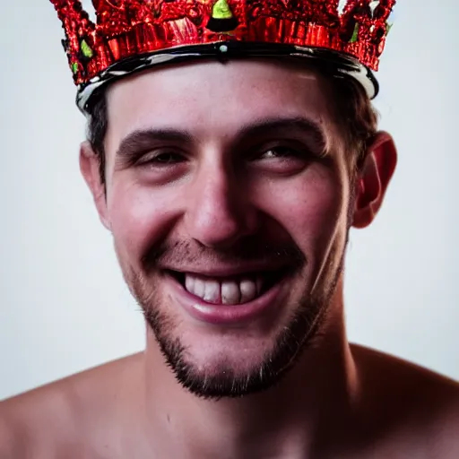 Prompt: man with a crown, smirk, photograph, black background, glowing red eyes, grin