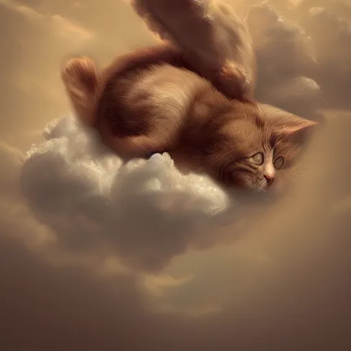 Prompt: cat sleeping on a cloud with angel wings, hyperdetailed, artstation, cgsociety, 8k