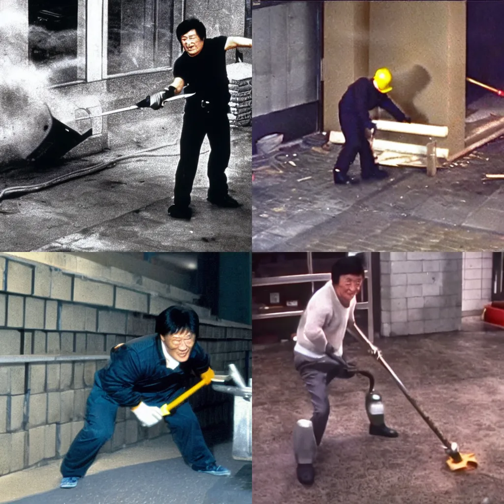 Prompt: cctv footage of jackie chan causing havoc with a jackhammer, highly detailed, 4k