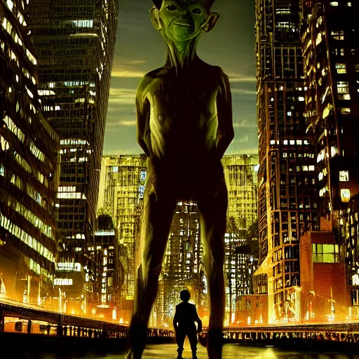 Image similar to gollum taller than the buildings in new york, by peter jackson, photographic still, intense, at night