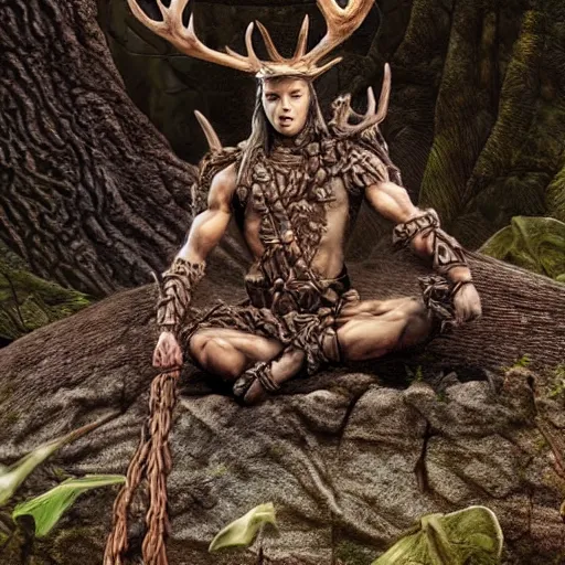 Prompt: warrior with surface of tree - bark, wearing stone wood vines antlers armor, holding laser rifle, lotus position, meditating, highly detailed, dramatic lighting, cinematic, sci - fi, hyperrealistic, detailed