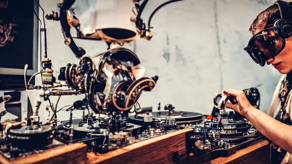 Prompt: a person wearing goggles and visor and headphones using a steampunk record player contraption, wires and tubes, turntablism dj scratching, intricate planetary gears, complex, cinematic, imax, sharp focus