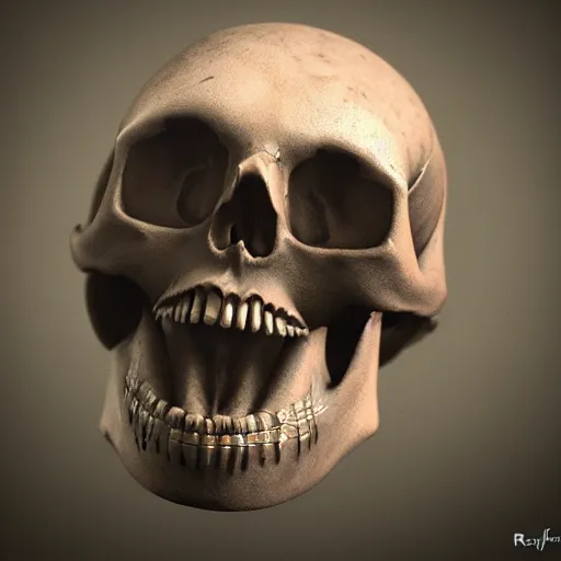 Image similar to a laughing skull, by Frank Frazetta, dark atmospheric, cinematic, trending on artstation, 4K, subsurface scattering, global illumination, raytracing, cinematic lighting, UHD, HDR