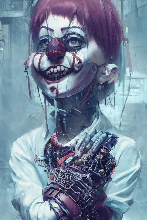 Image similar to by kyoto animation, very creepy clown girl, wearing cyberpunk intricate streetwear, beautiful, detailed portrait, intricate complexity, ilya kuvshinov, cell shaded, 4 k, concept art, by wlop, ilya kuvshinov, artgerm, krenz cushart, greg rutkowski, sharp focus, volumetric lighting, cinematic lighting, studio quality