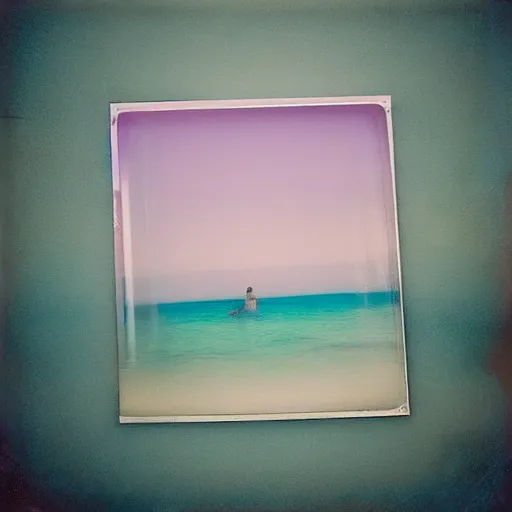 Image similar to a pastel colour high fidelity Polaroid art photo from a holiday album at a seaside with abstract inflatable parachute furniture, all objects made of transparent iridescent Perspex and metallic silver, no people, iridescence, nostalgic