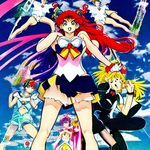 Image similar to sailor moon fighting by yoshiyuki sadamoto, gainax