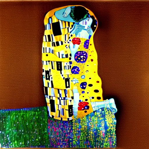 Prompt: The Kiss from Klimt but painted in the style of Vincent Van Gogh