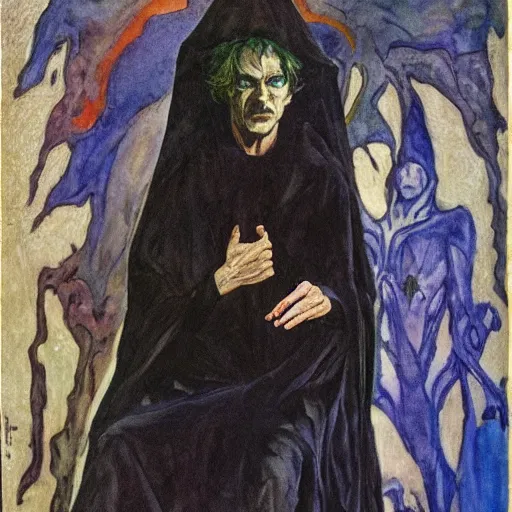 Image similar to comics sandmanin a cloak by Neil Gaiman, in style The Demon Seated, by Mikhail Vrubel, oil painting, art gallery, art museum, small details, whole-length, hyperrealism, black cloak, very detailed face, very detailed torso,