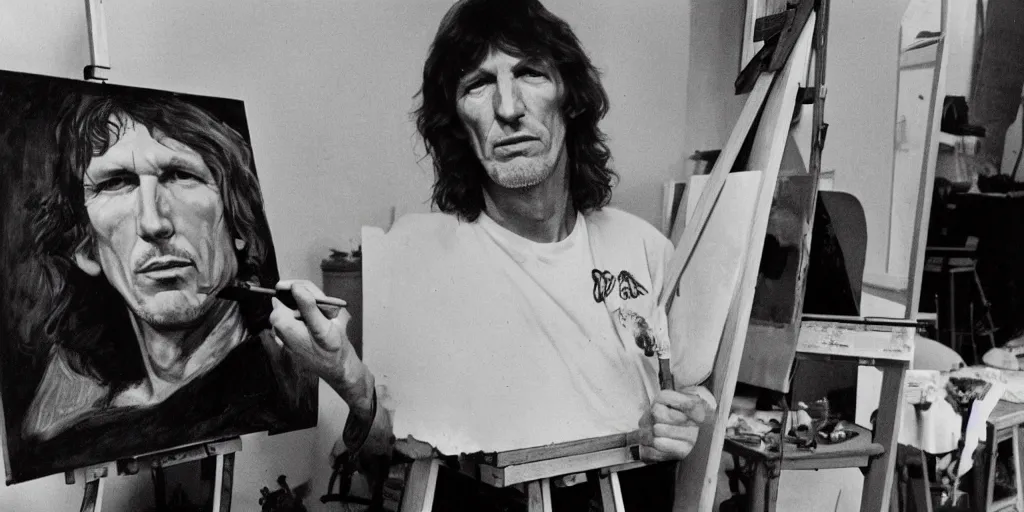 Image similar to pink floyd's roger waters, stands at his easel, painting a self portrait