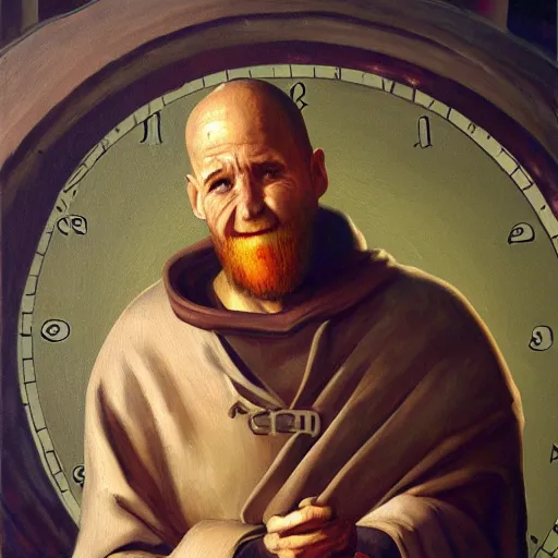 Image similar to medieval monk maintaining an enormous, complex, mechanical clock, oil painting, warm lighting, realistic, trending on artstation