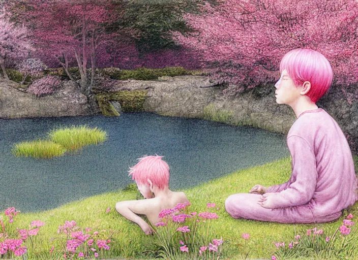 Image similar to pink haired boy backlit staring at black haired boy from across a pond, by alan lee, muted colors, springtime, colorful flowers & foliage in full bloom, sunlight filtering through trees & skin, digital art, art station cfg _ scale 9