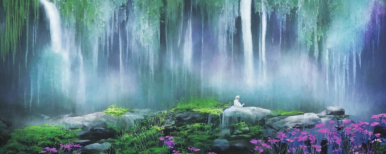 Image similar to deep forest, rainbow river waterfall, waterfall wall splitting, light shimmers, water mists, stones, wild flowers, subtle color variations, summer rain, gentle mists, a white robed benevolent magician clothed in a royal garment in contemplation meditating upon God, by Eyvind Earle and Mary Blair