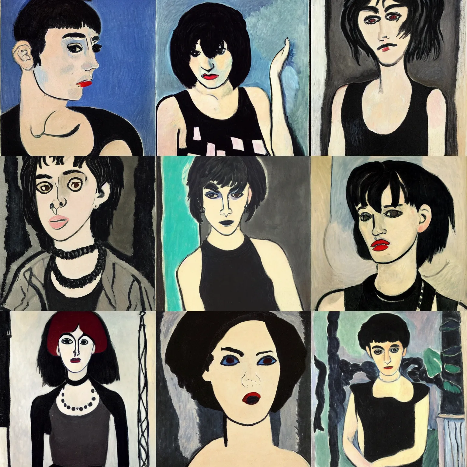 Prompt: an emo portrait painted by henri matisse. her hair is dark brown and cut into a short, messy pixie cut. she has large entirely - black evil eyes. she is wearing a black tank top, a black leather jacket, a black knee - length skirt, a black choker, and black leather boots.