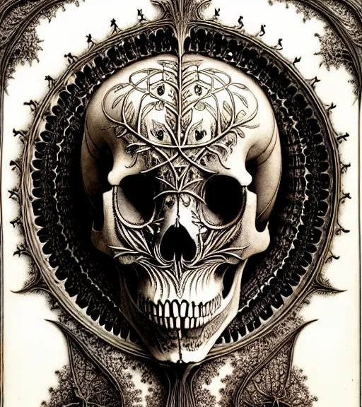 Image similar to art forms of nature by ernst haeckel, memento mori by arthur rackham, ornate antique porcelain beautiful skull mask, ultrasharp, photorealistic, hyperdetailed, octane render, polished, art nouveau, neo - gothic, gothic, intricate ornamental organic filigree, art nouveau botanicals, art forms of nature by ernst haeckel, horizontal symmetry, symbolist, visionary