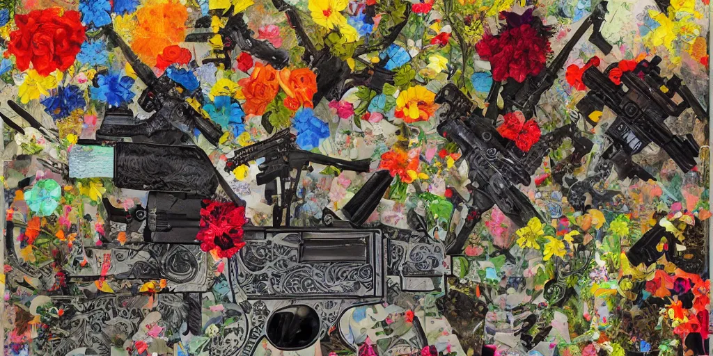 Prompt: guns and flowers, collage, acrylic on canvas, expressionism movement, breathtaking detailed, by blake neubert, style by peter bankov