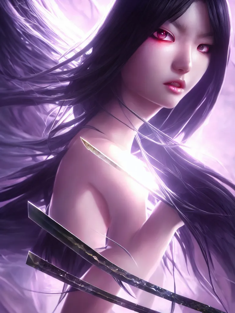 Image similar to extremely beautiful aesthetic ego sword in a shape of girl, black long hair, occlusion shadow, specular reflection, rim light, unreal engine, octane render, artgerm, artstation, art by hiroaki samura and jiro matsumoto and yusuke murata, high quality, highly detailed 8 k, fantasy illustration