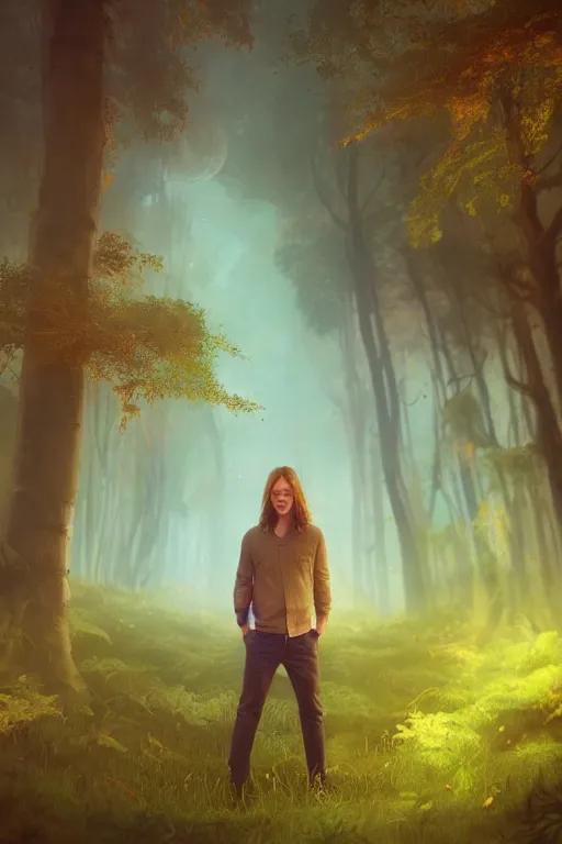 Image similar to pretty young man with long golden hair, trees, detailed forest background, webtoon, breathtaking scenery, colourful, 8 k, graphic novel, digital art trending on artstation, volumetric lighting, octane render, cinematic, hyper detailed, magical atmosphere