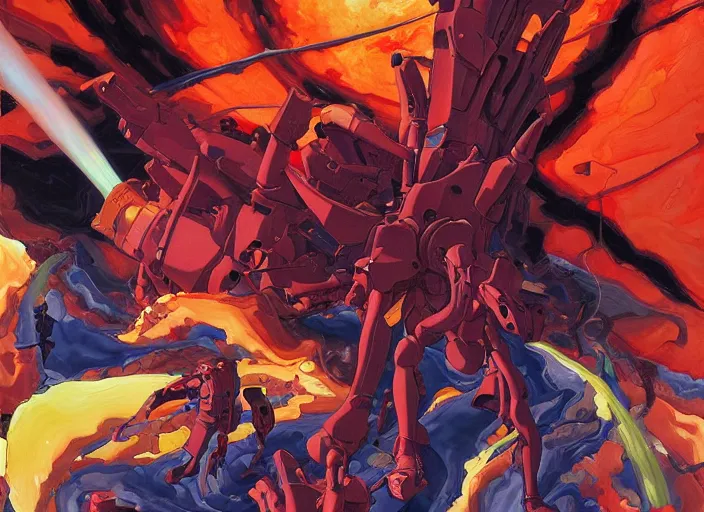 Image similar to third impact evangelion painting by james jean and katsuhiro otomo and erik jones, inspired by akira anime, smooth texture, intricate oil painting, high detail illustration, sharp high detail, long exposure