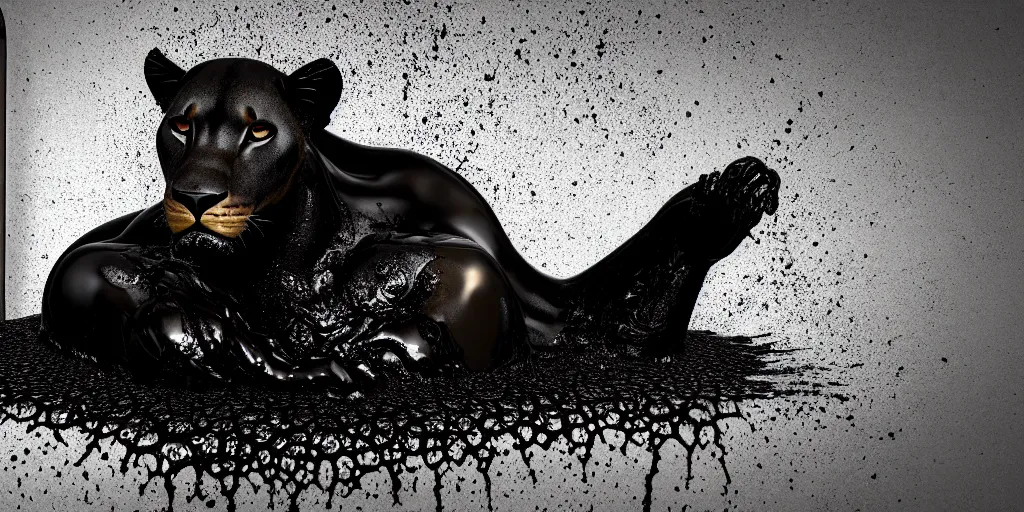 Image similar to a black lioness made of ferrofluid bathing inside the bathtub full of tar, covered with black goo, covered with slime, drooling ferrofluid. dslr, photography, realism, animal photography, color, modern bathroom, hyper realistic, 8 k resolution, v - ray, 3 d render