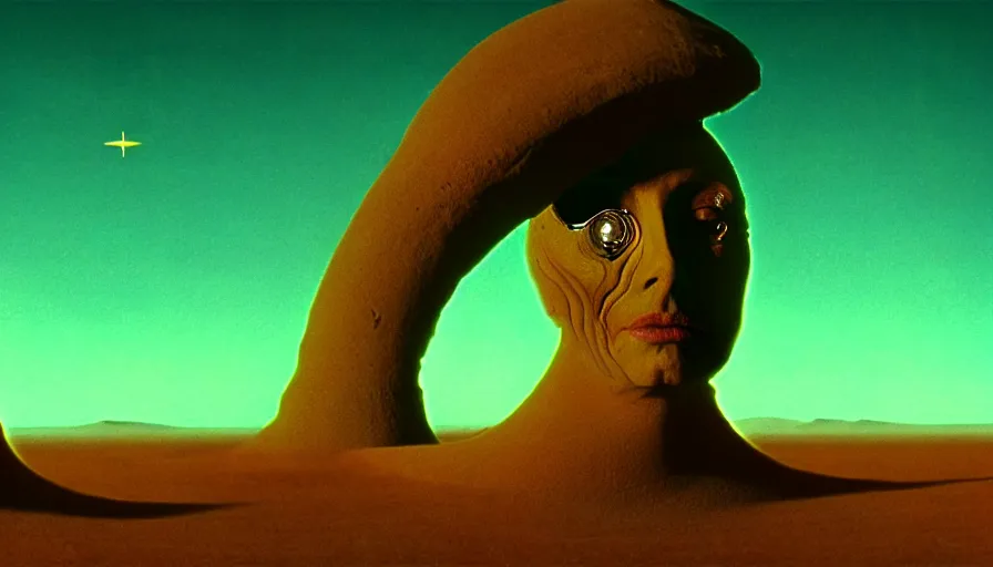 Image similar to glowing bene gesserit in full - face golden glowing mask meet salvador dali in a black rocky desert landscape with alienabandoned city beneath the sand and giant alien spaceship in the sky attacks the earth by christopher doyle and alejandro jodorowsky, anamorphic lens, kodakchrome, cinematic composition, very detailed photo, 8 k,