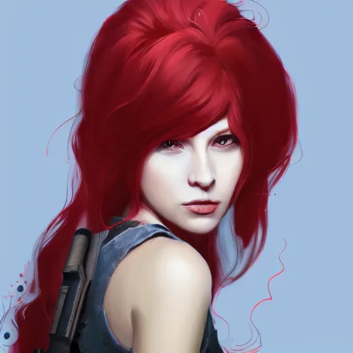 Image similar to a concept art of a girl with red hair holding a gun, highly detailed, digital painting, artstation, concept art, smooth, sharp focus, illustration